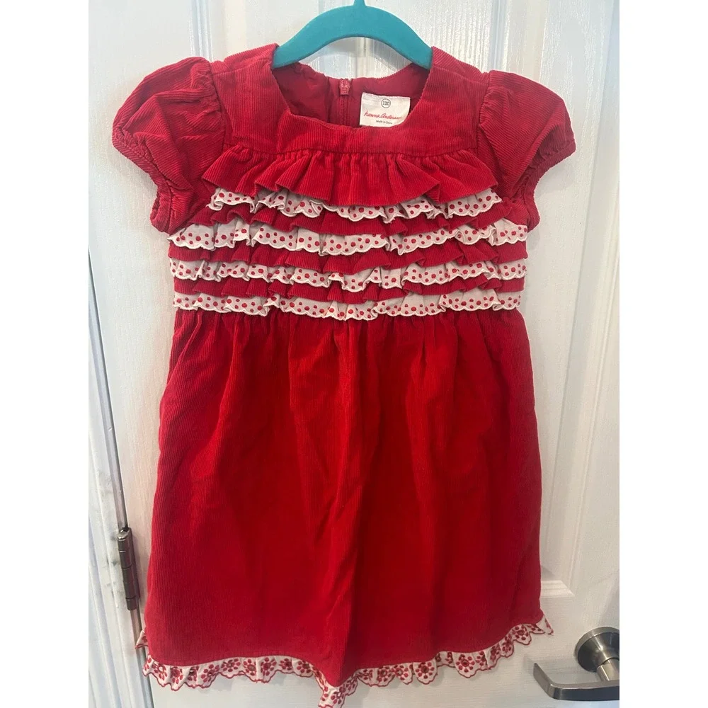 Hanna Andersson Corduroy Dress Red Ruffle Eyelet Polka Dot Holiday Party 110